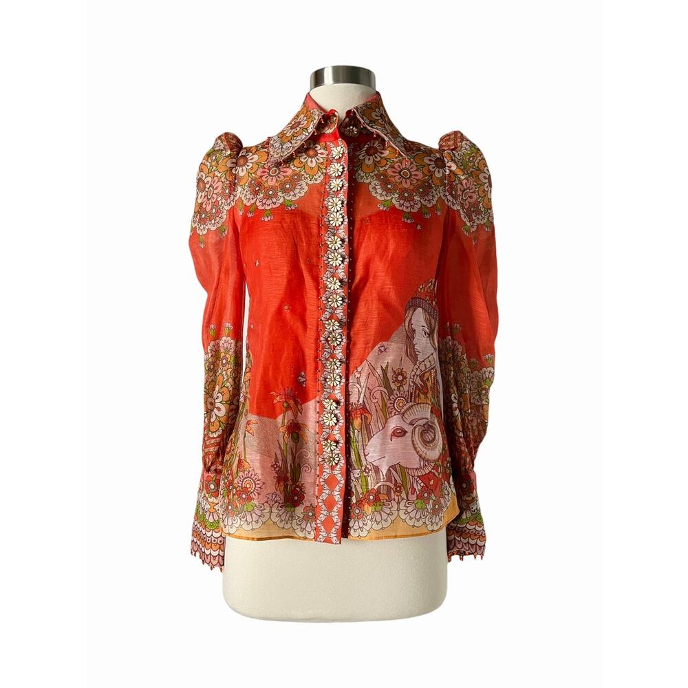 Zimmermann Kaleidoscope Zodiac Aries Top Shirt Red Orange Floral Linen Silk 0P - Picture 4 of 10